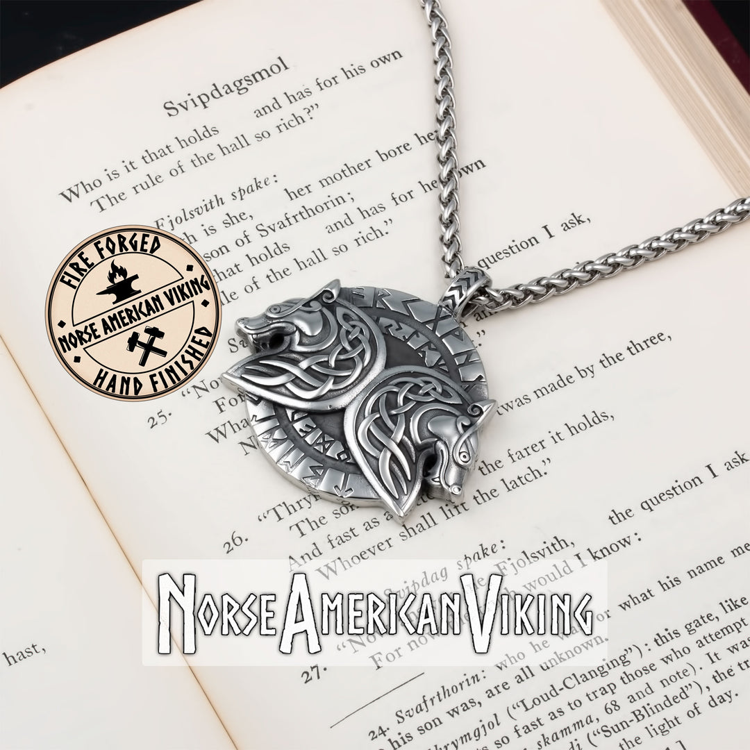 Viking Geri and Freki Wolf Rune Stainless Steel Pendant Necklace