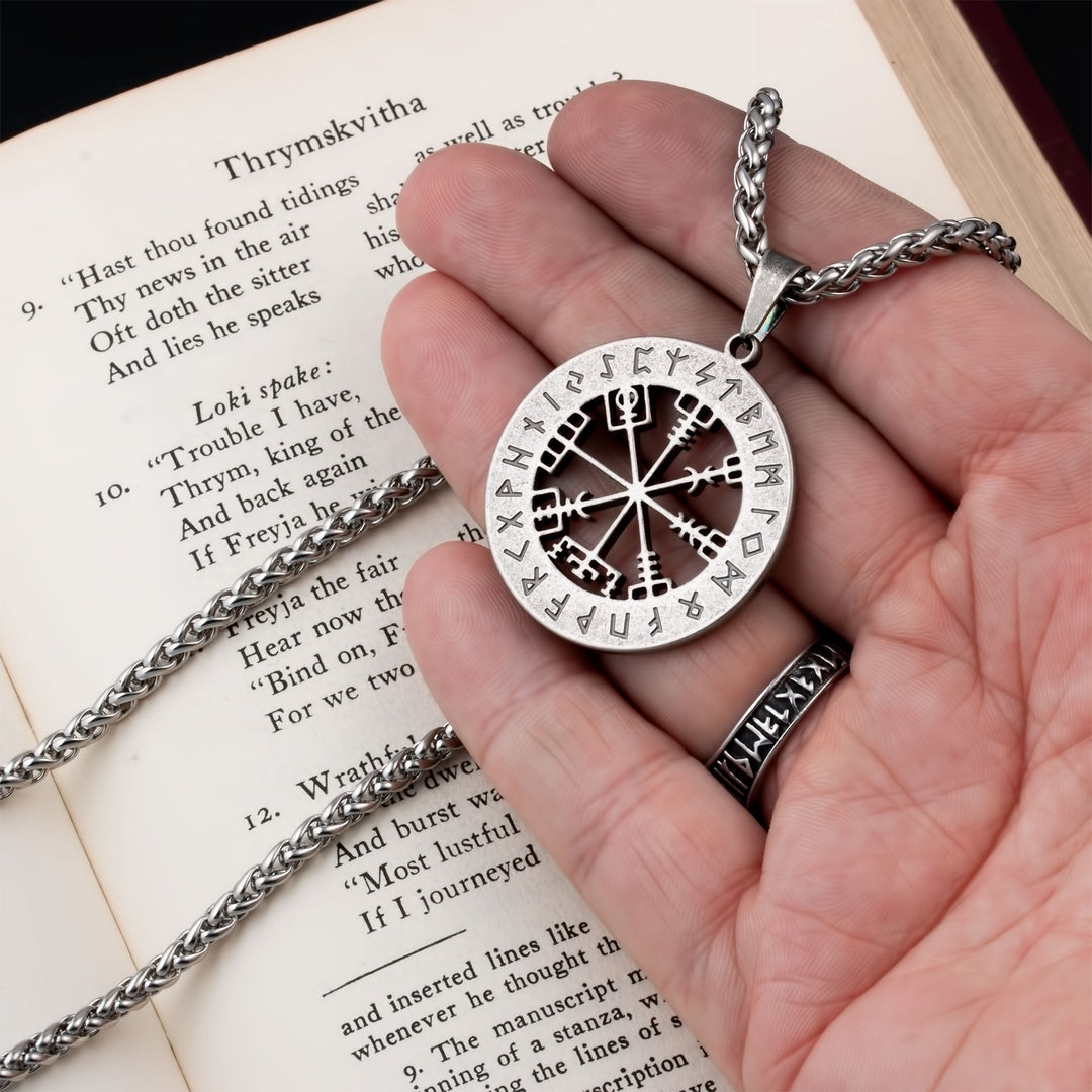 Vegvisir Elder Futhark Rune Compass Pendant Necklace Stainless Steel Viking