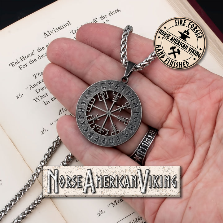 Viking Vegvisir Elder Futhark Rune Compass Stainless Steel Pendant Necklace