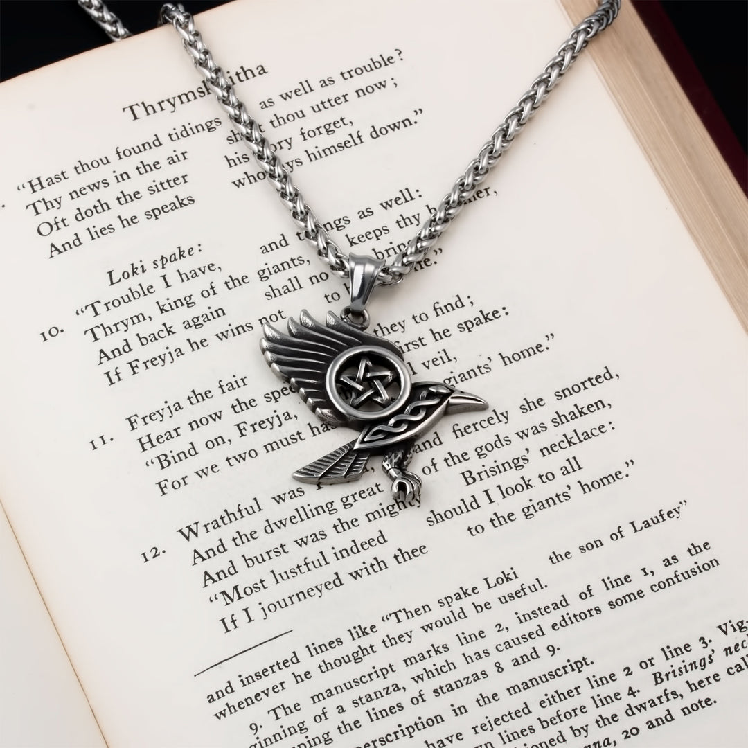 Raven Pentagram Pendant Necklace Stainless Steel Viking