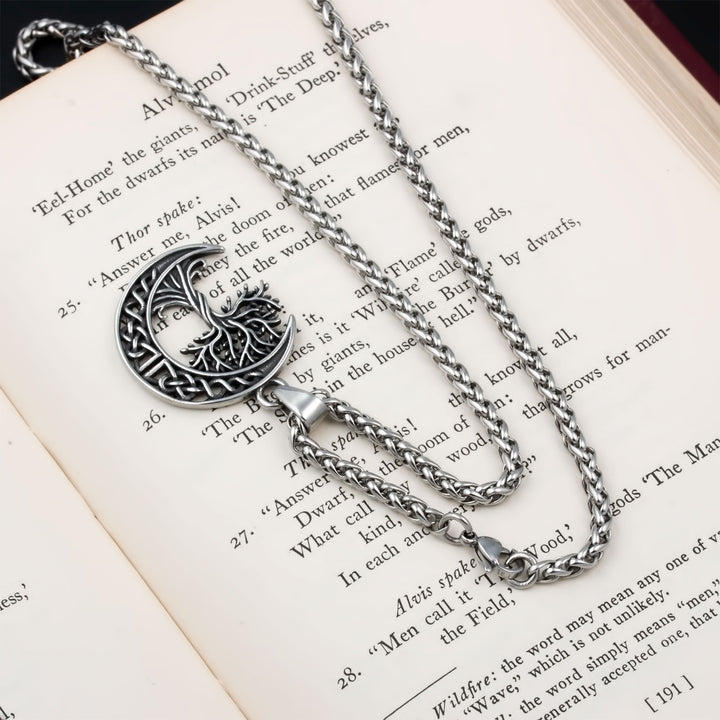 Yggdrasil World Ash Tree Moon Pendant Necklace Stainless Steel Viking