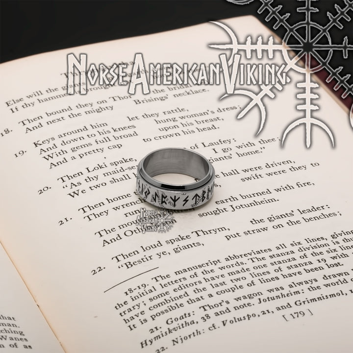 Viking Elder Futhark Rune Ring 9mm Band Spinner 316L Stainless Steel