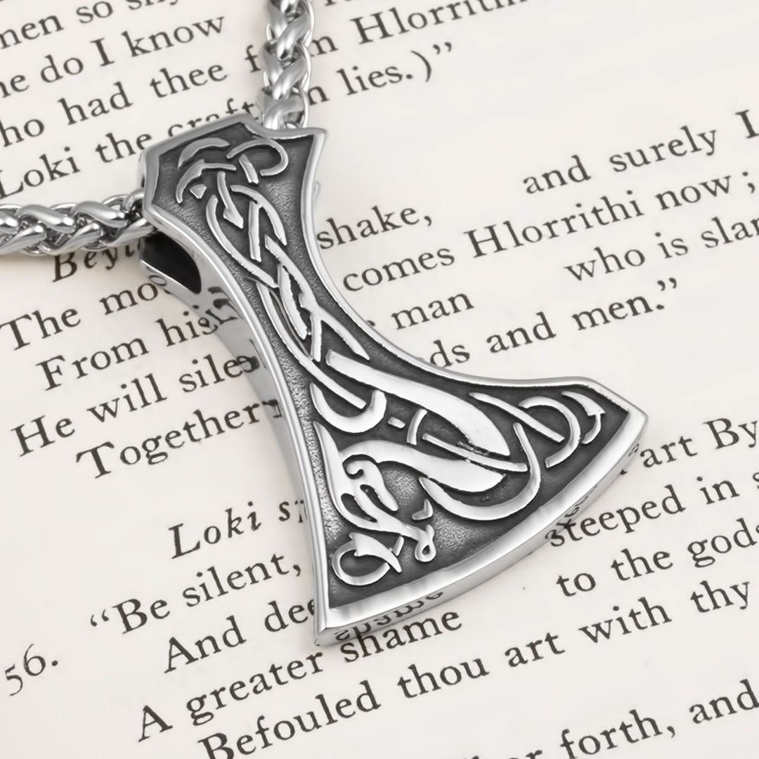 Axe Norse Dragon Pendant Necklace Stainless Steel Viking