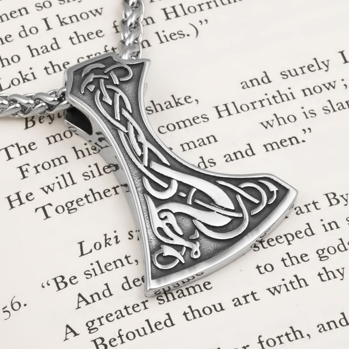Axe Norse Dragon Pendant Necklace Stainless Steel Viking