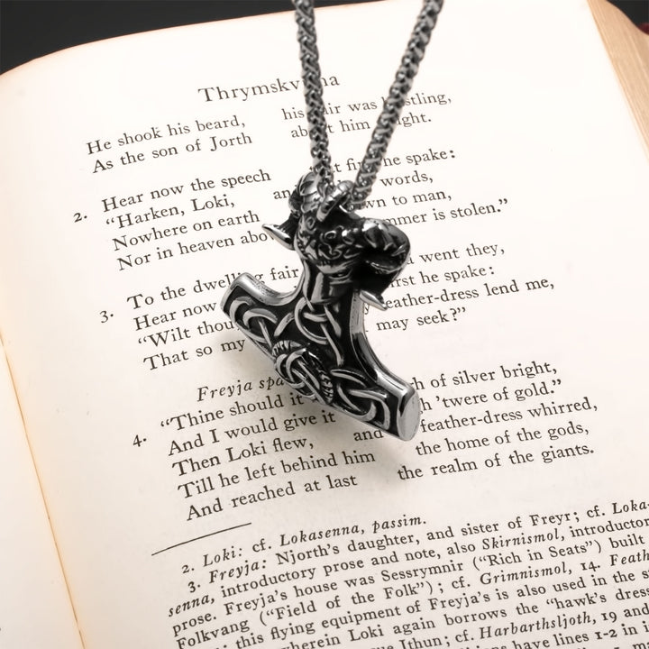 Viking Mjolnir Thor's Hammer Trinity Knot Goat Stainless Steel Pendant Necklace