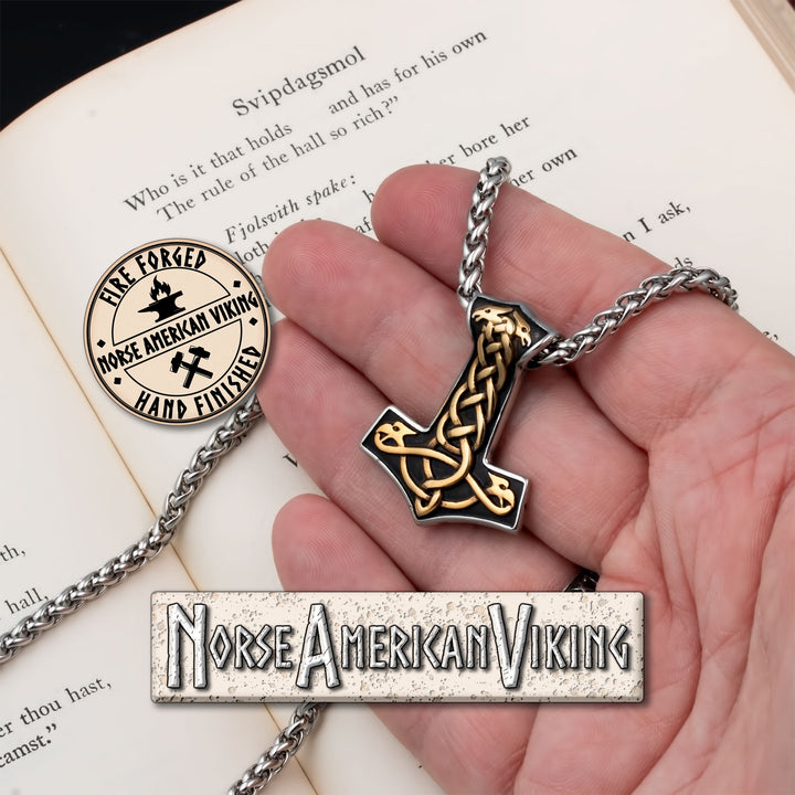 Viking Mjolnir Thor's Hammer Raven Plait Stainless Steel Pendant Necklace