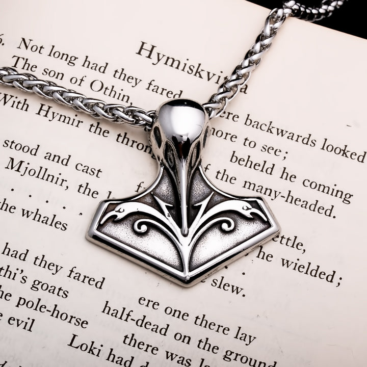 Viking Mjolnir Thor's Hammer Raven Skull Stainless Steel Pendant Necklace