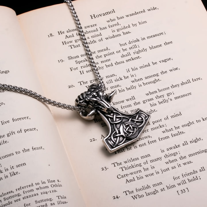 Viking Mjolnir Thor's Hammer Trinity Knot Goat Stainless Steel Pendant Necklace