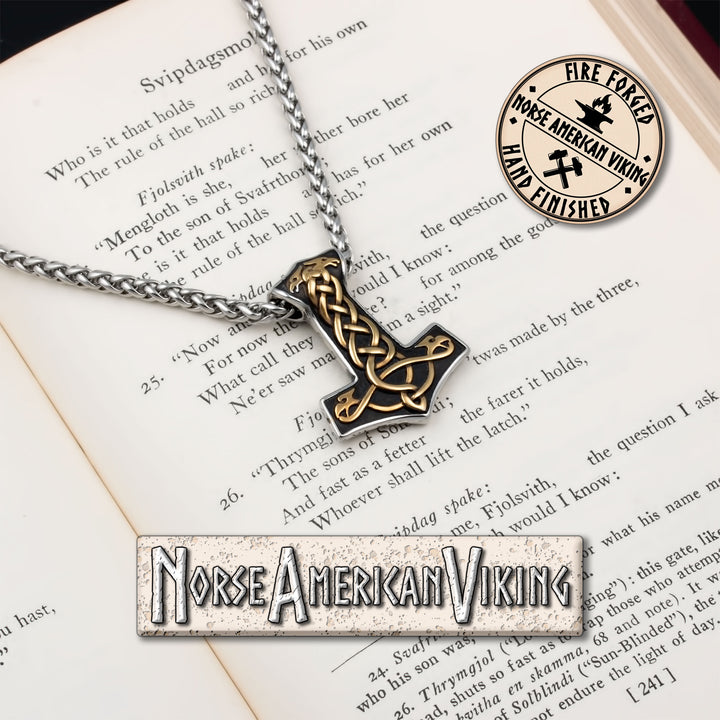 Viking Mjolnir Thor's Hammer Raven Plait Stainless Steel Pendant Necklace