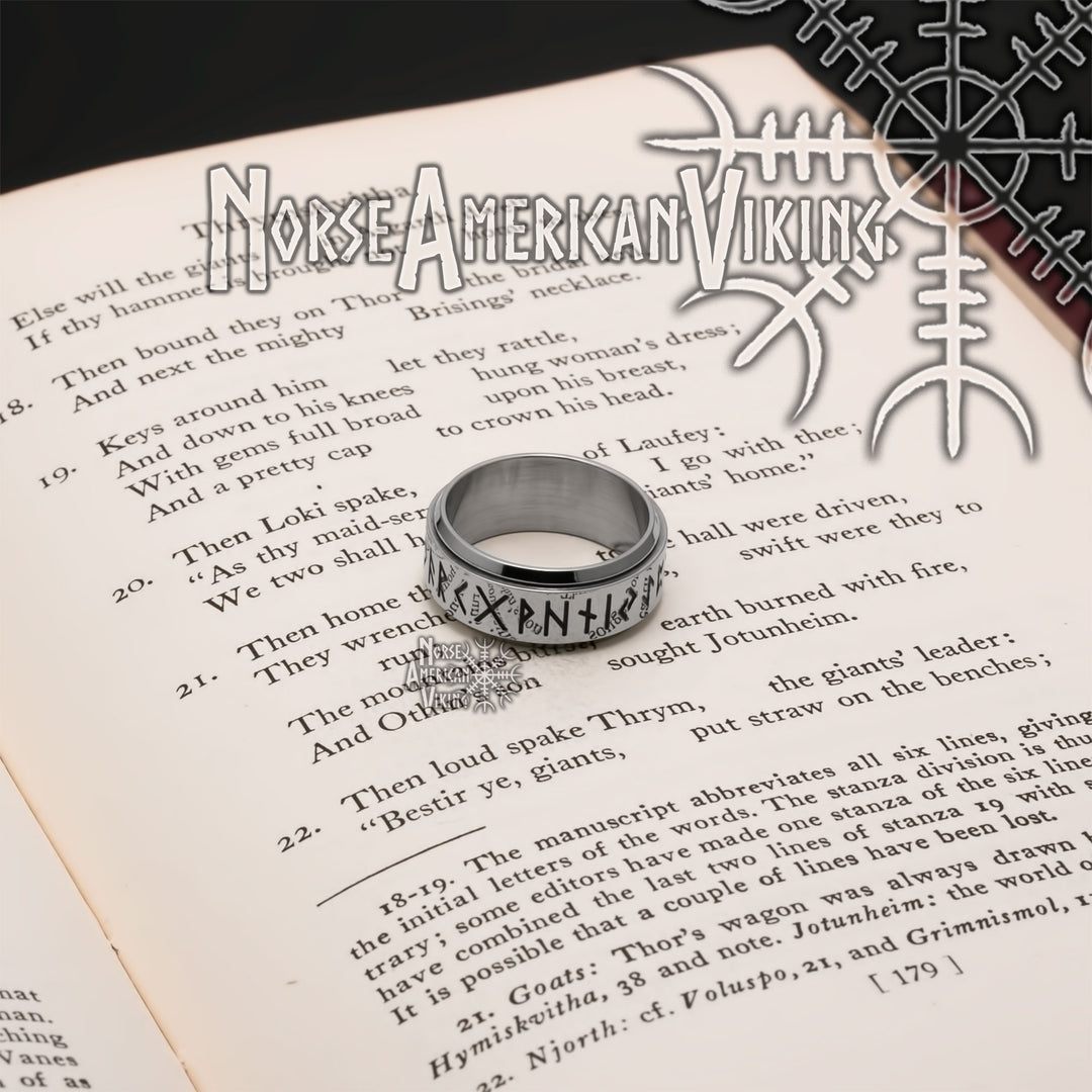Viking Elder Futhark Rune Ring 9mm Band Spinner 316L Stainless Steel
