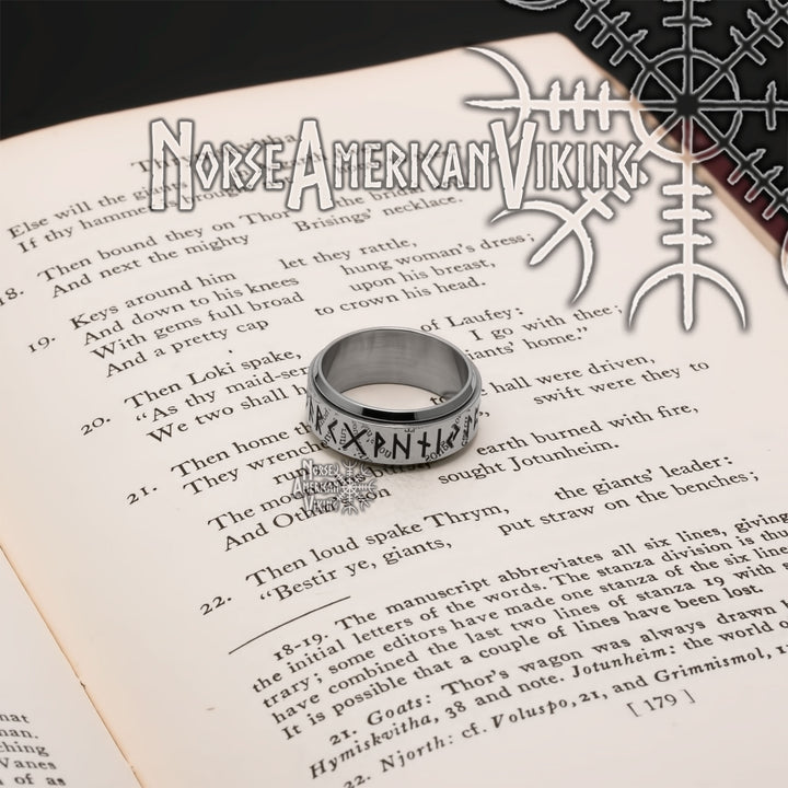 Viking Elder Futhark Rune Ring 9mm Band Spinner 316L Stainless Steel