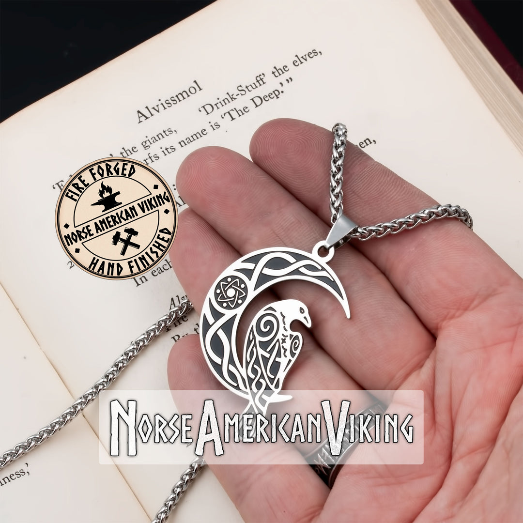 Viking Raven Crescent Moon Stainless Steel Pendant Necklace