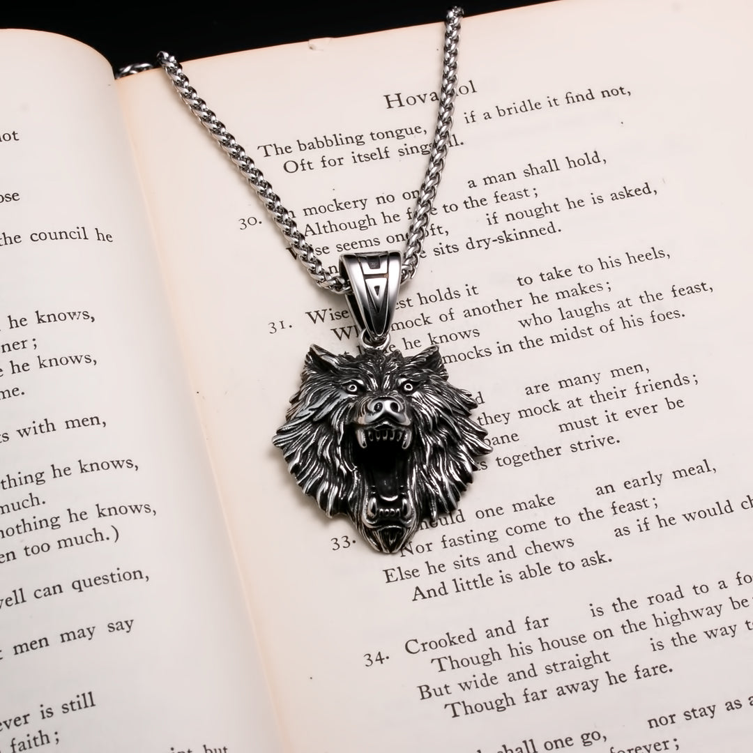 Viking Fenrir Wolf Head Stainless Steel Pendant Necklace