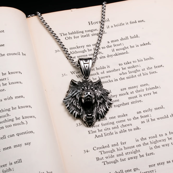 Viking Fenrir Wolf Head Stainless Steel Pendant Necklace