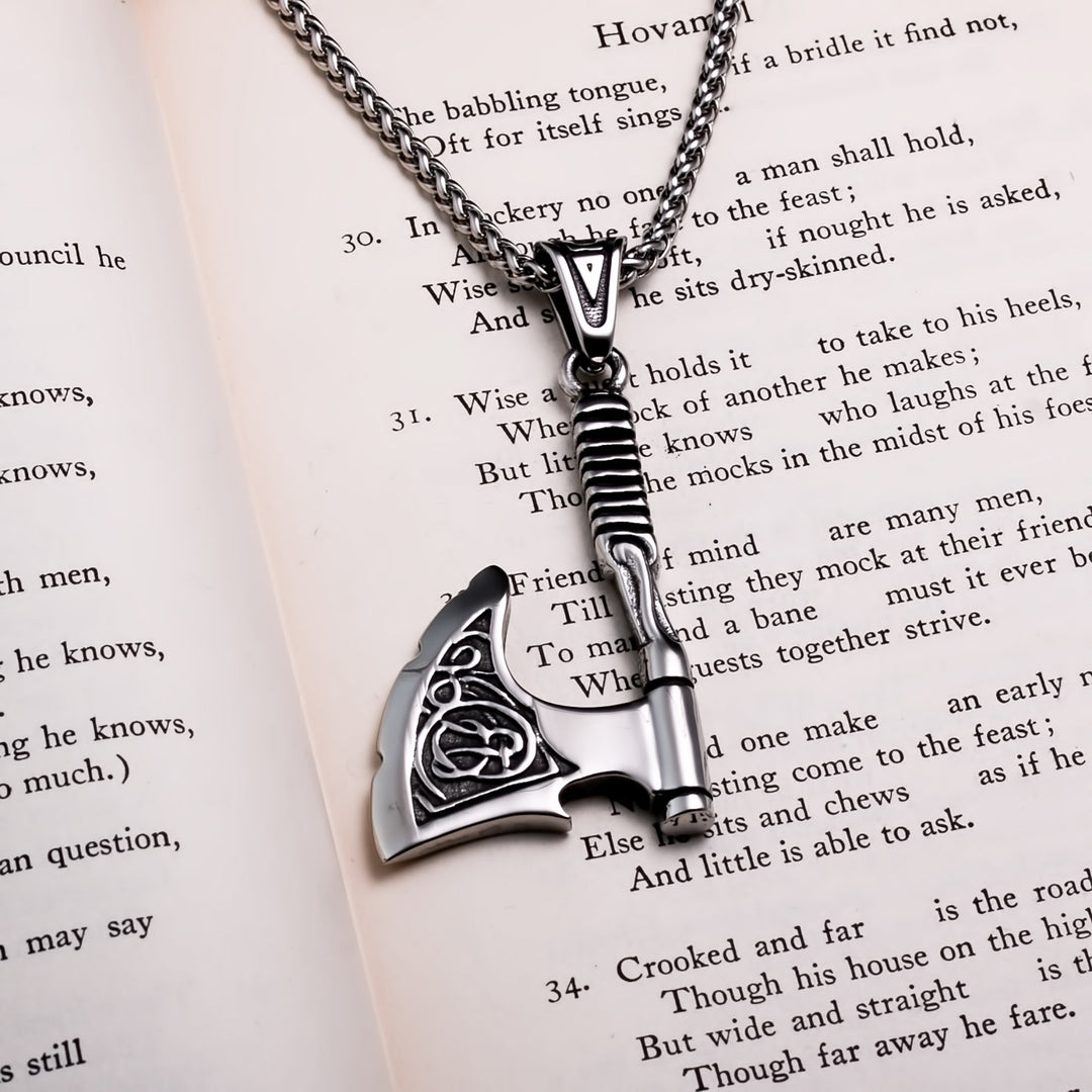Axe Knurled Handle Pendant Necklace Stainless Steel Viking