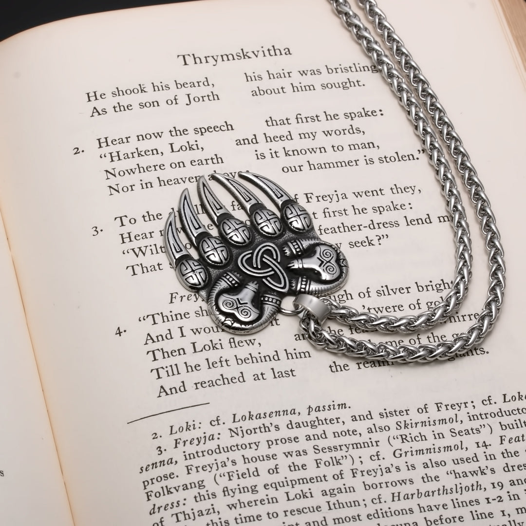 Viking Bear Paw Trinity Knot Berserker Stainless Steel Pendant Necklace