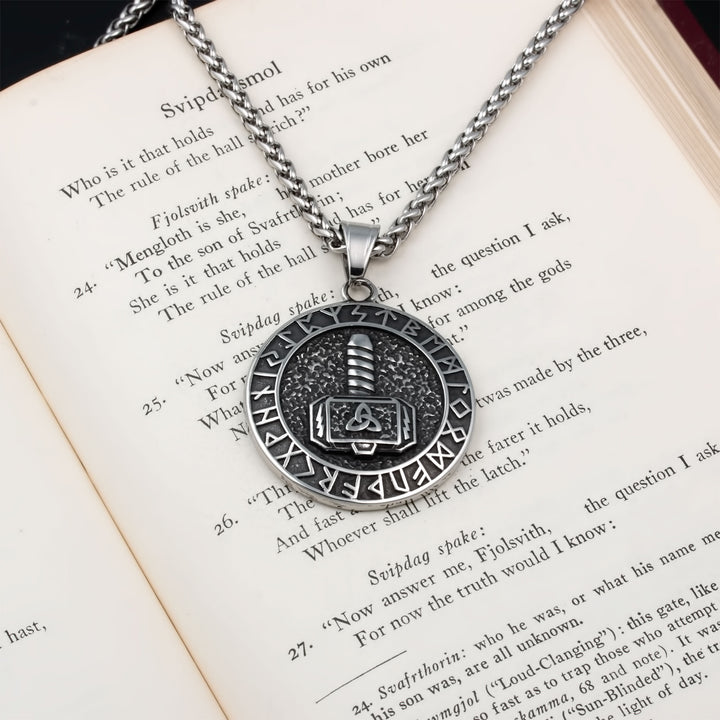 Mjolnir Rune Medallion Pendant Necklace Stainless Steel Viking
