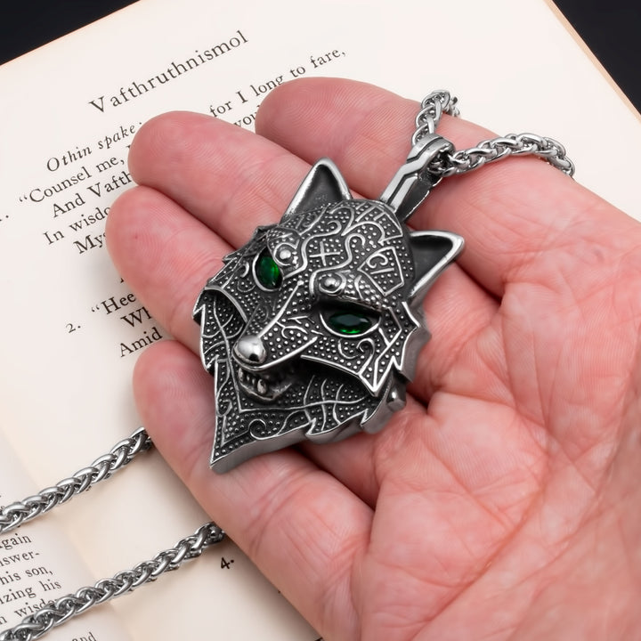 Fenrir Wolf Head Pendant Necklace Stainless Steel Viking