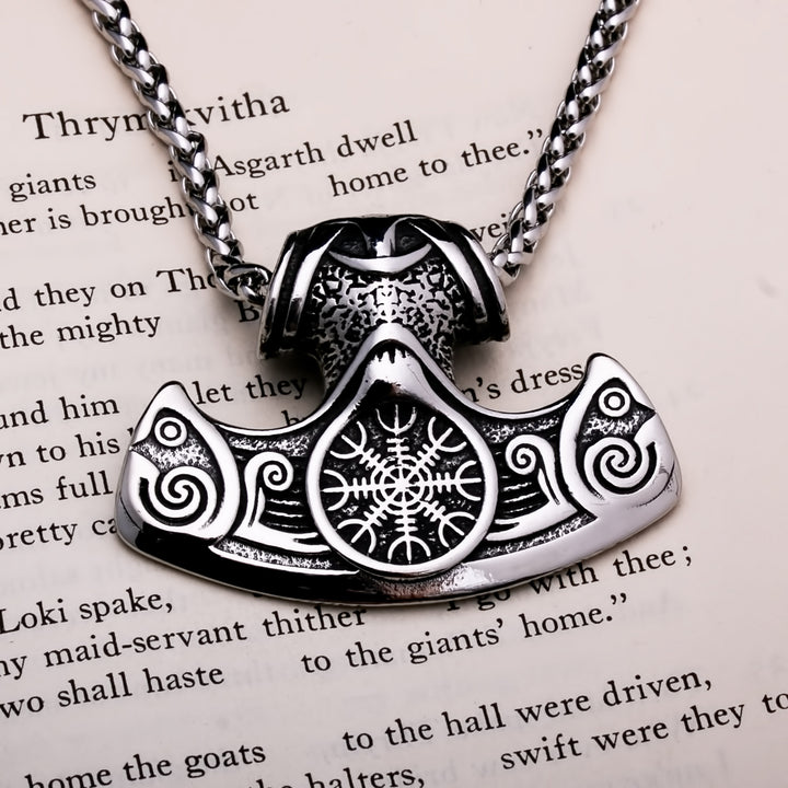 Helm of Awe Axe Pendant Necklace 316L Stainless Steel Norse Viking