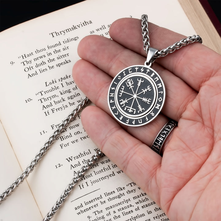 Vegvisir Elder Futhark Rune Spinner Pendant Necklace Stainless Steel Viking