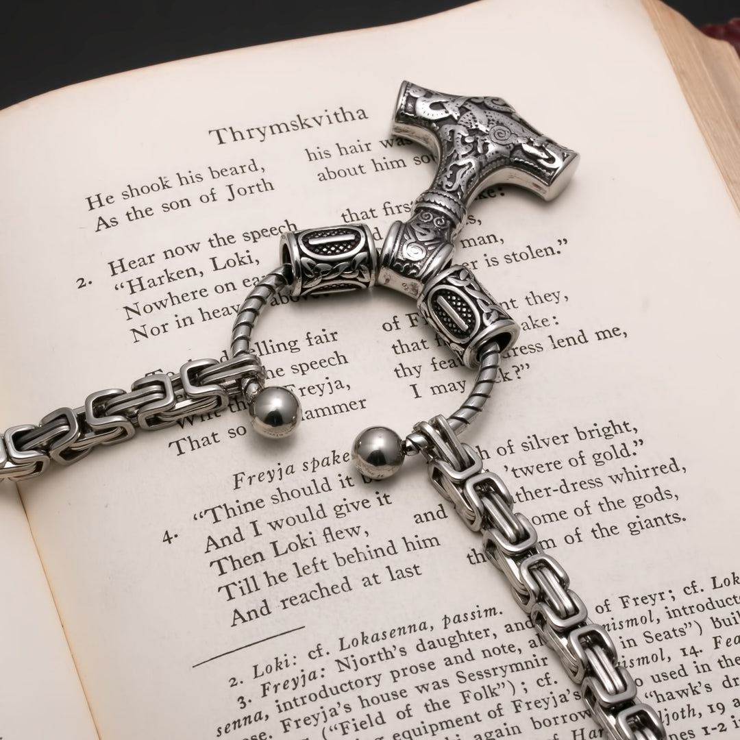 Viking Mjolnir Thor's Hammer King Rune Byzantine Necklace 316L Stainless Steel