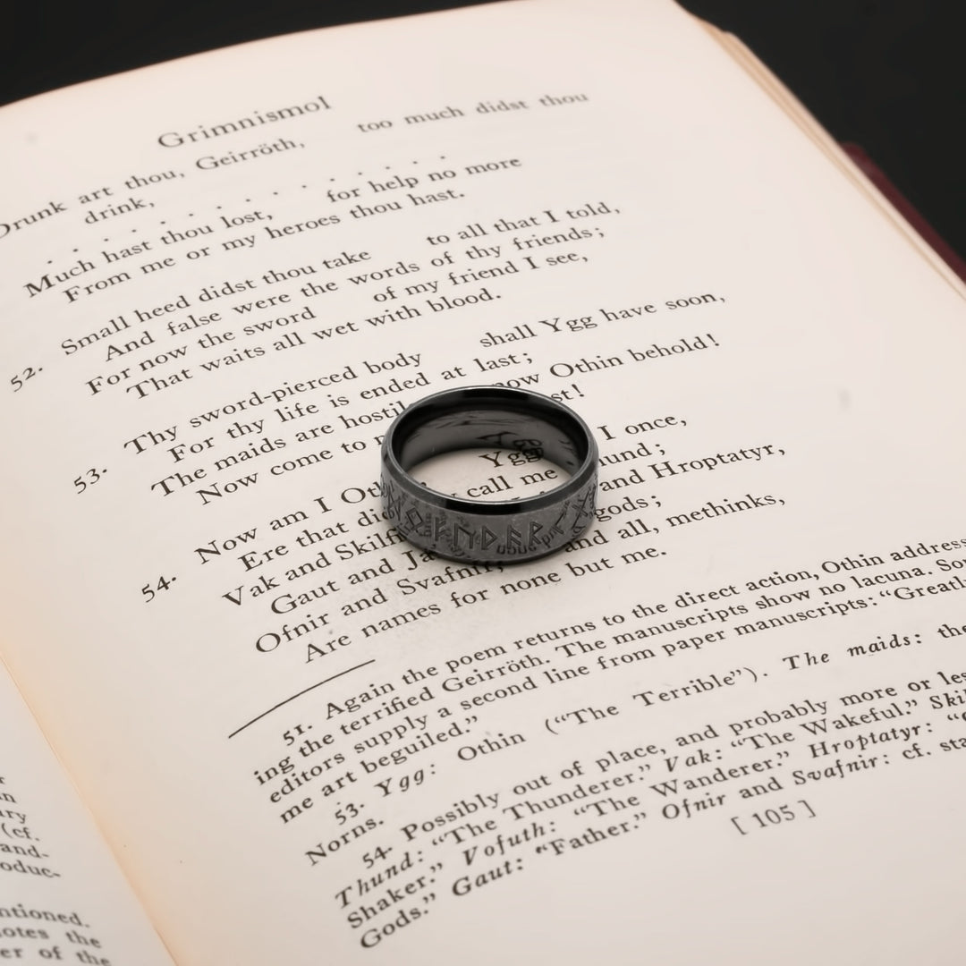 Viking Elder Futhark Rune Ring 8mm Band Ancient 316L Stainless Steel