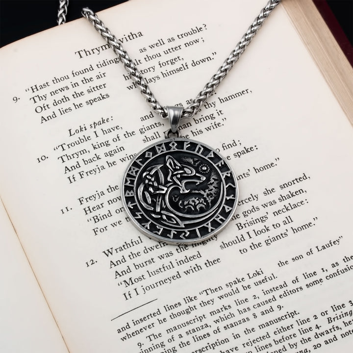 Fenrir Wolf Rune Pendant Necklace Stainless Steel Viking