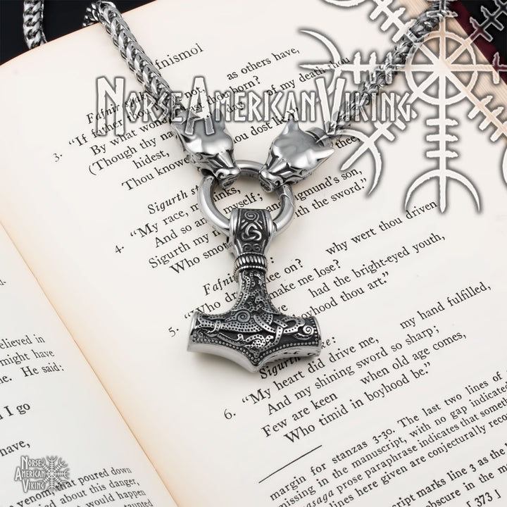 Viking Mjolnir Thor's Hammer King Wolf Foxtail Necklace 316L Stainless Steel