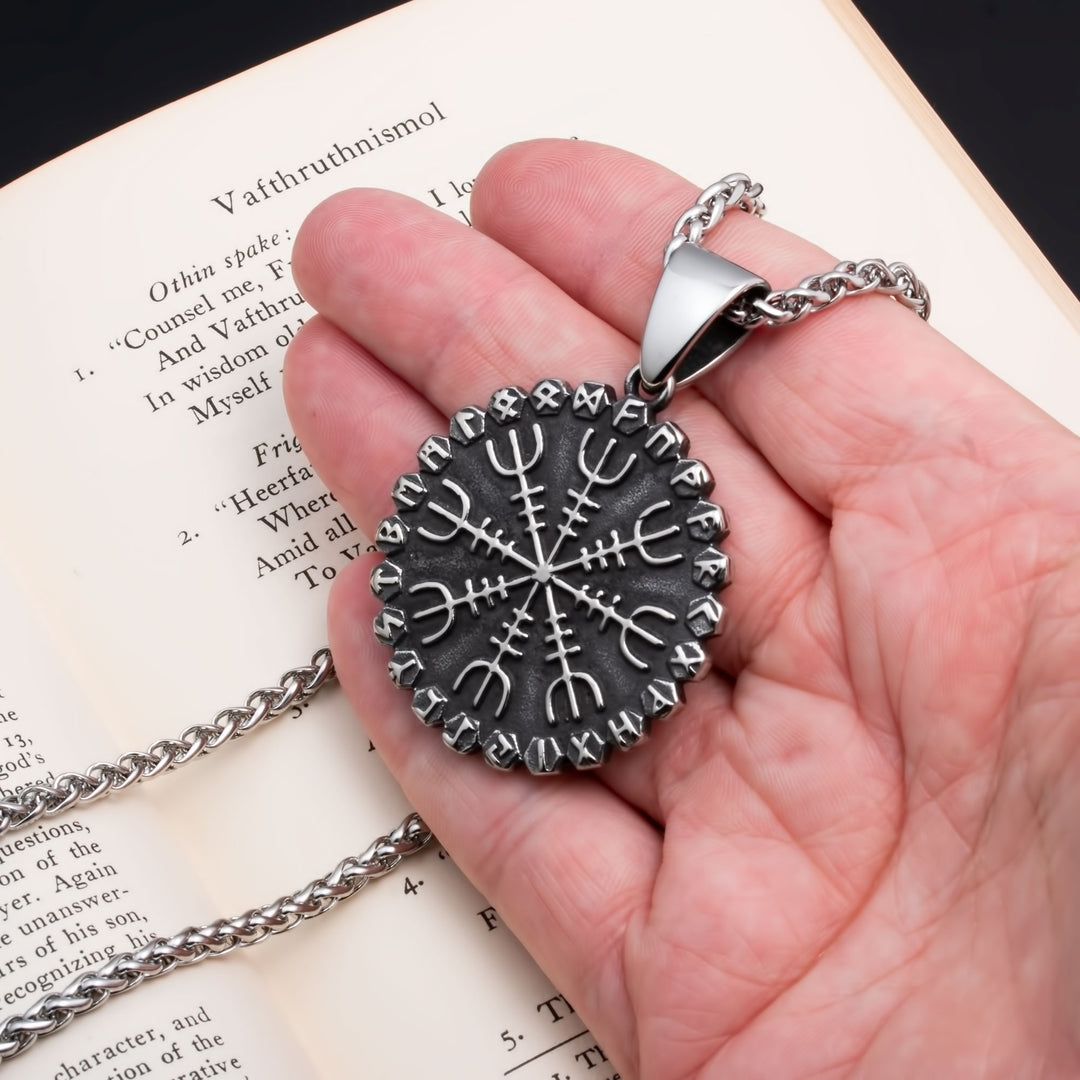 Viking Helm of Awe Vegvisir Rune Stainless Steel Pendant Necklace