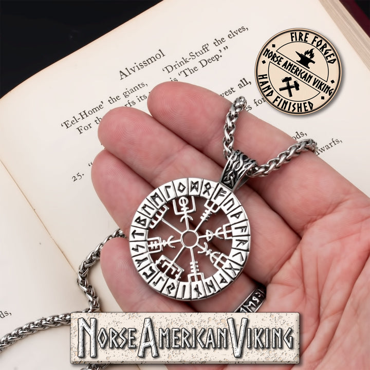 Viking Vegvisir Compass Elder Futhark Rune Stainless Steel Pendant Necklace