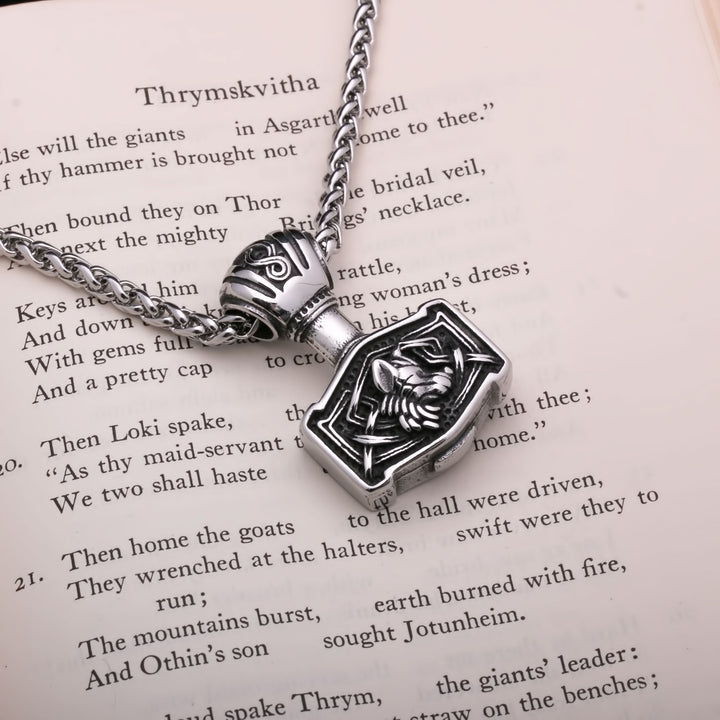 Mjolnir Fenrir Wolf Head Viking Pendant Necklace 316L Stainless Steel - view 2