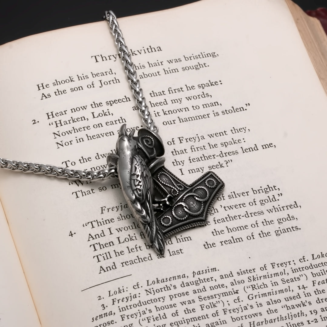 Viking Mjolnir Thor's Hammer Raven Stainless Steel Pendant Necklace