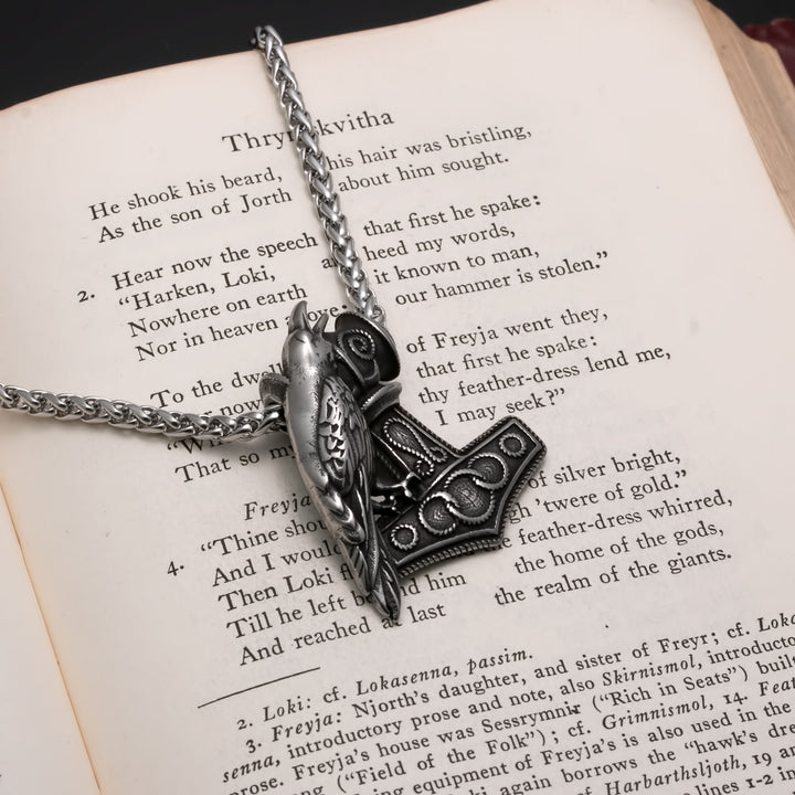 Viking Mjolnir Thor's Hammer Raven Stainless Steel Pendant Necklace