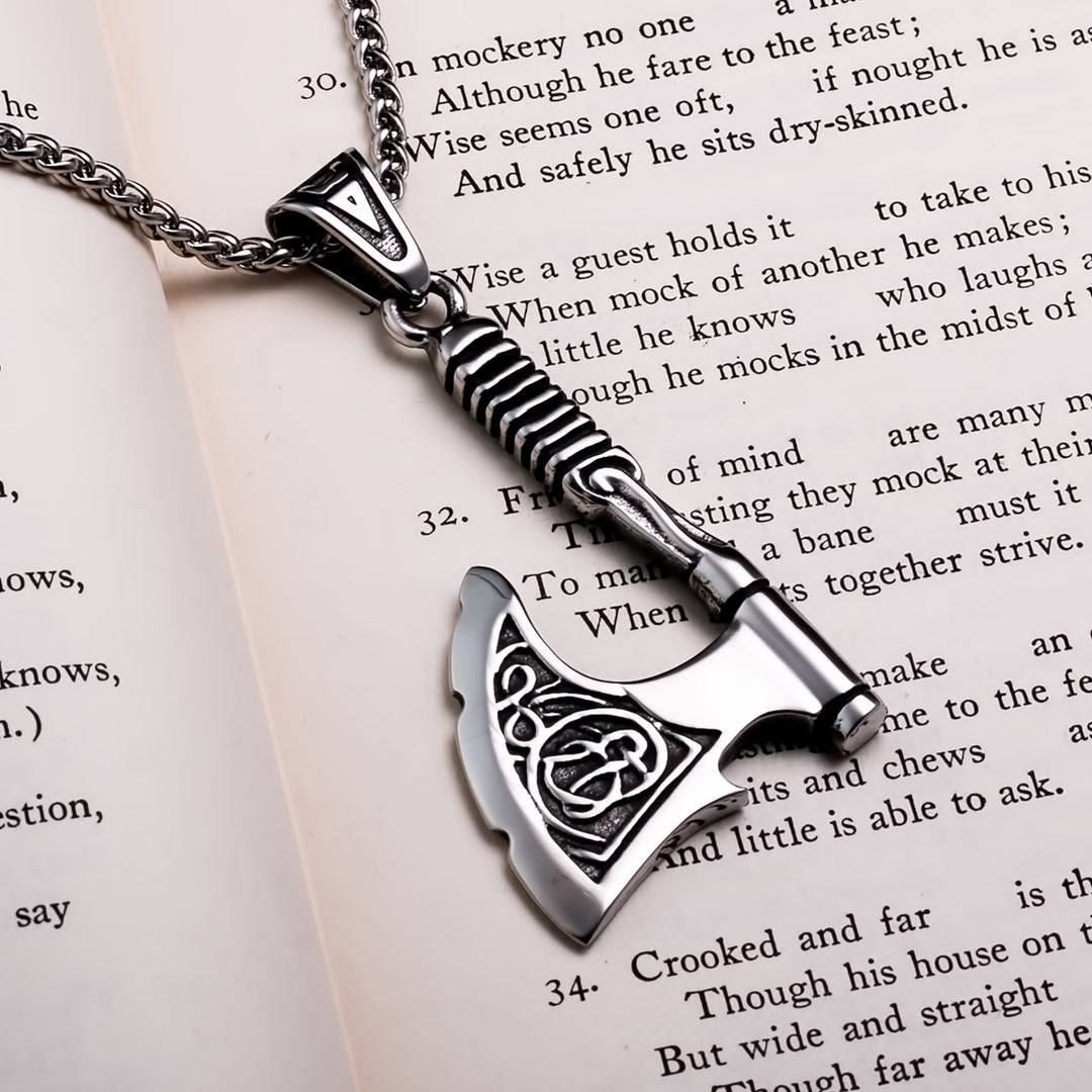 Axe Knurled Handle Pendant Necklace Stainless Steel Viking