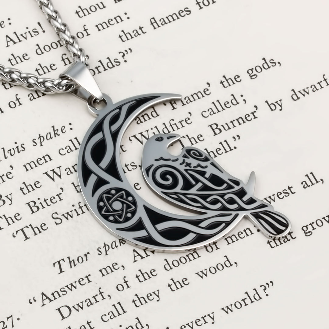 Raven Crescent Moon Pendant Necklace Stainless Steel Viking