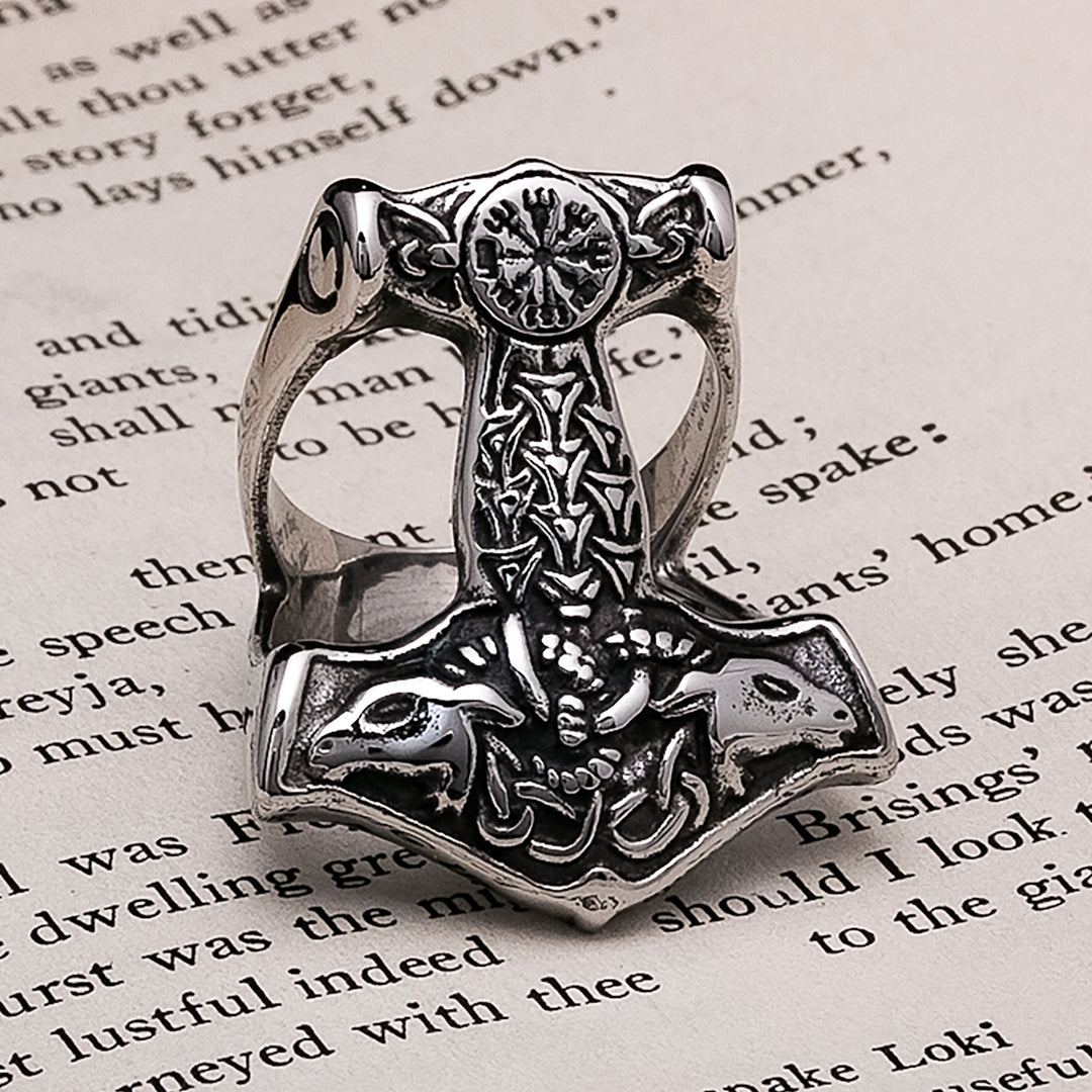 Viking Mjolnir Thor's Hammer Vegvisir Ring 316L Stainless Steel