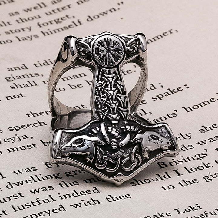Viking Mjolnir Thor's Hammer Vegvisir Ring 316L Stainless Steel