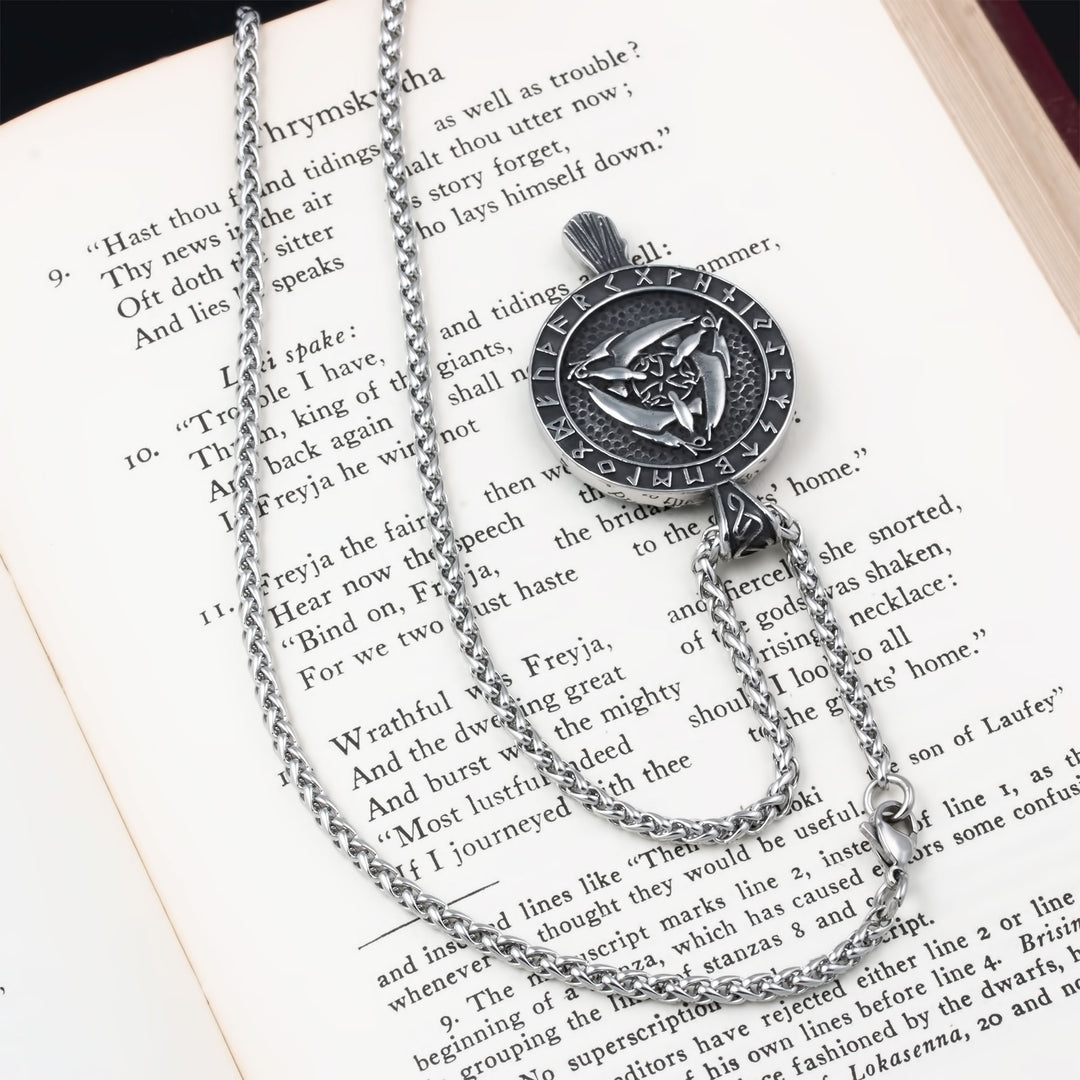 Raven Rune Trinity Pendant Necklace Stainless Steel Viking