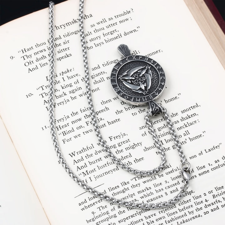 Raven Rune Trinity Pendant Necklace Stainless Steel Viking
