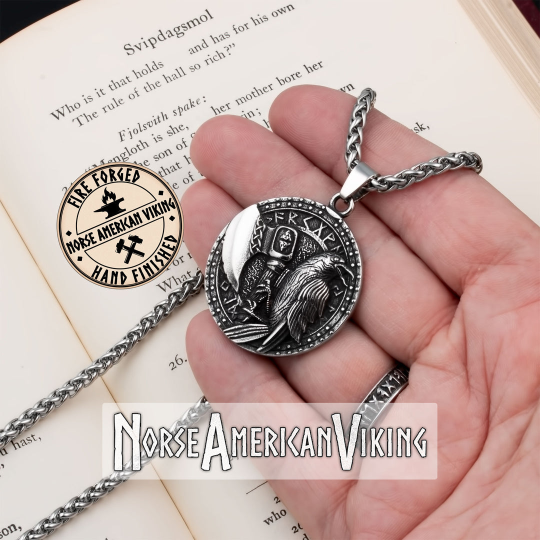 Viking Raven Axe Rune Stainless Steel Pendant Necklace