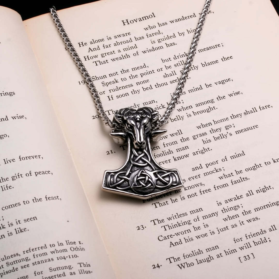 Viking Mjolnir Thor's Hammer Trinity Knot Goat Stainless Steel Pendant Necklace
