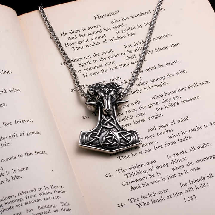 Viking Mjolnir Thor's Hammer Trinity Knot Goat Stainless Steel Pendant Necklace
