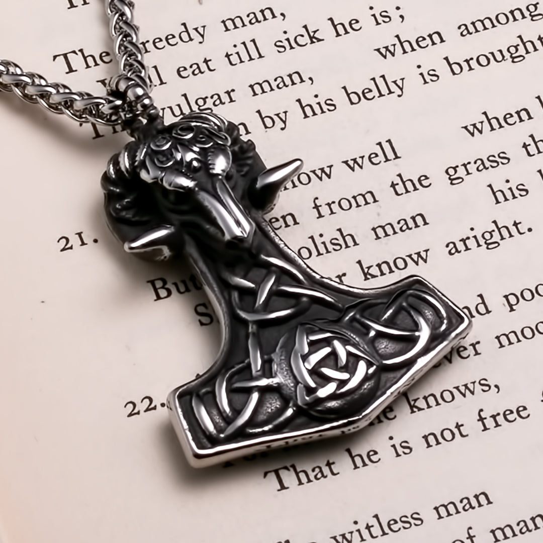 Viking Mjolnir Thor's Hammer Trinity Knot Goat Stainless Steel Pendant Necklace
