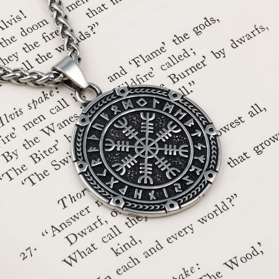 Helm of Awe Elder Futhark Rune Pendant Necklace 316L Stainless Steel Viking