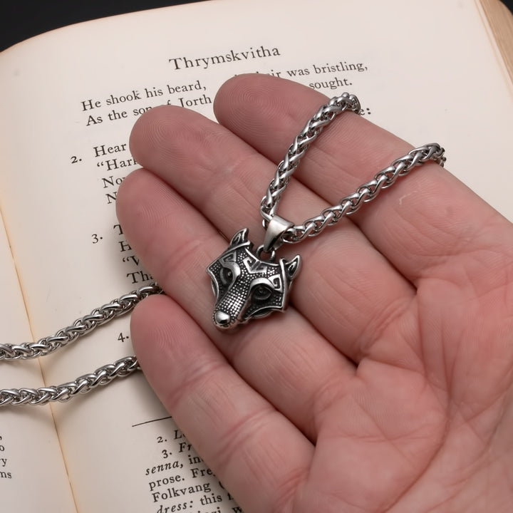 Viking Fenrir Wolf Head Stainless Steel Pendant Necklace