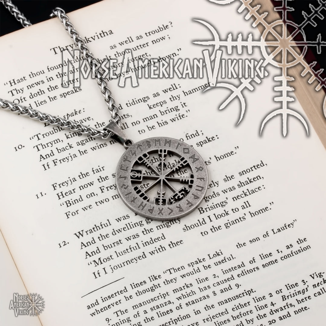 Viking Vegvisir Elder Futhark Rune Compass Stainless Steel Pendant Necklace