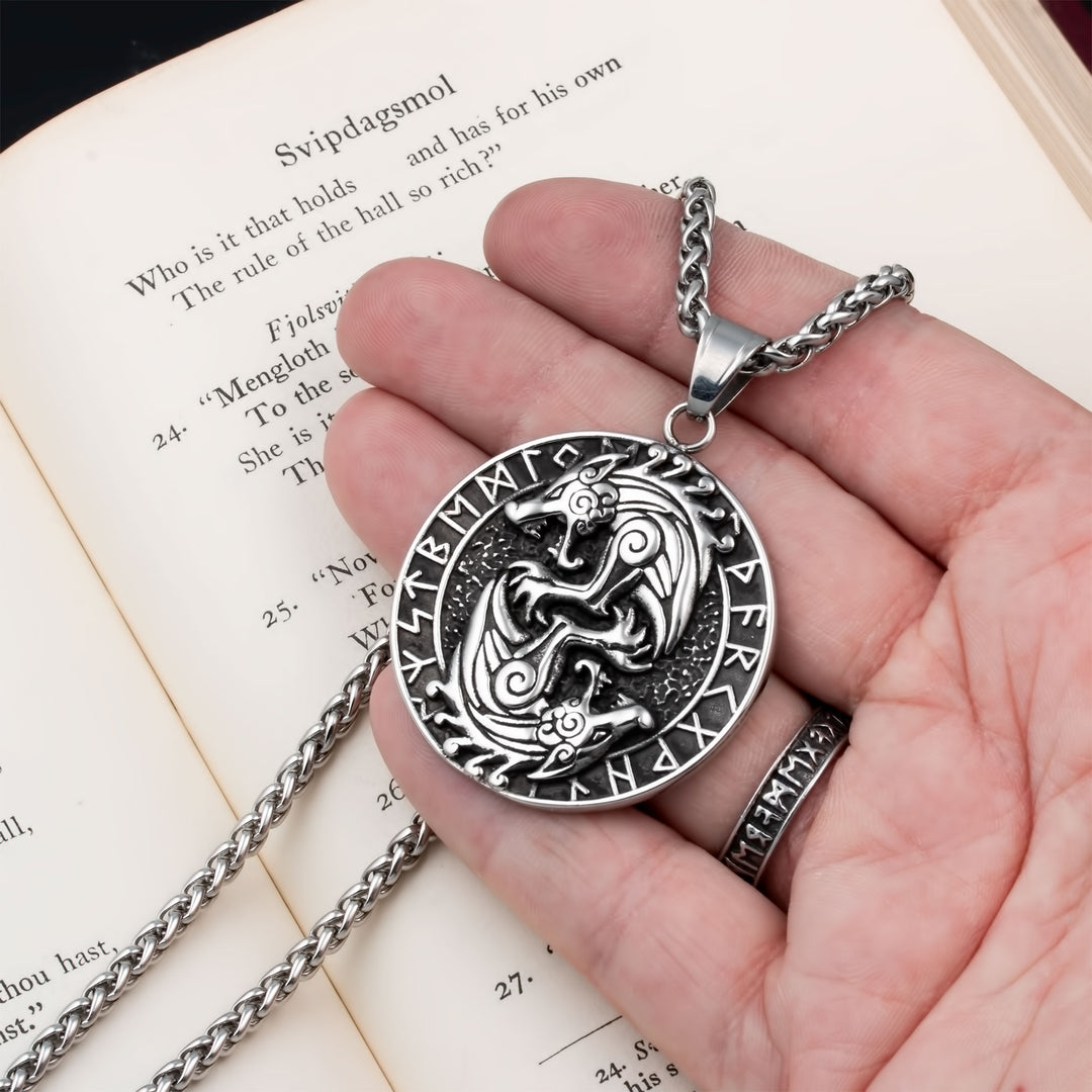 Wolf Rune Pendant Necklace Stainless Steel Viking