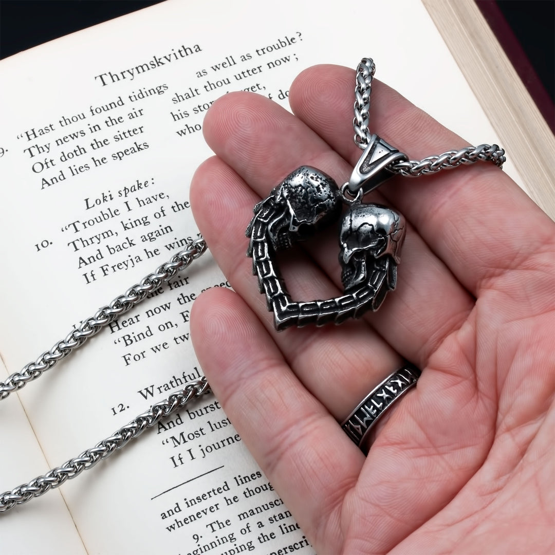 Skulls Heart Pendant Necklace Stainless Steel Viking