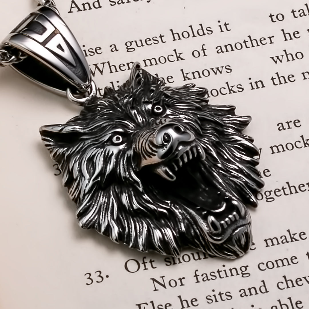 Viking Fenrir Wolf Head Stainless Steel Pendant Necklace