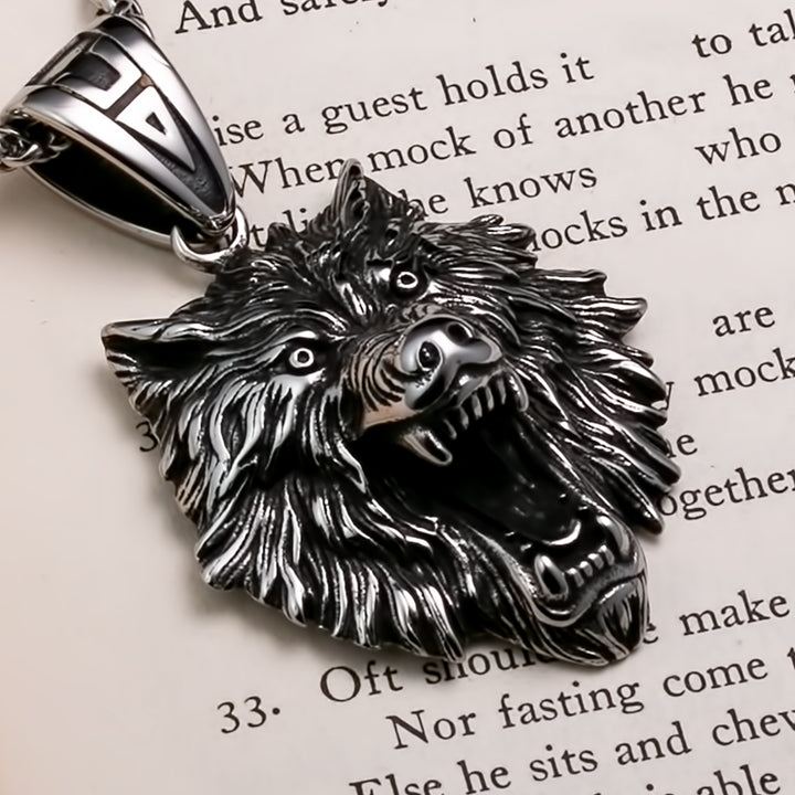 Viking Fenrir Wolf Head Stainless Steel Pendant Necklace